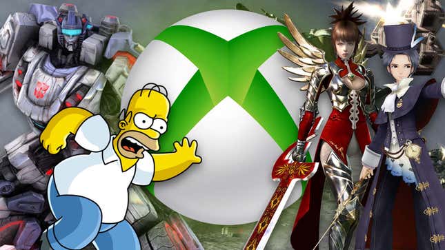 Homer, Optimus, and other characters stand in front of an Xbox 360 logo. 