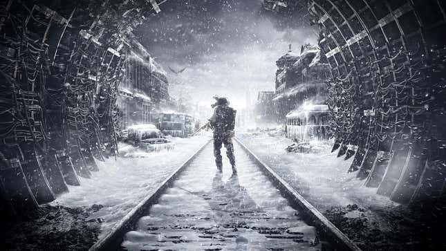 The cover art for Metro Exodus, showing Artyom staring out at Moscow from a train tunnel in a nuclear winter.