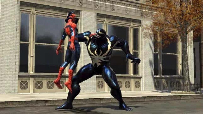 Venom picks up Spider-Man by the head. 